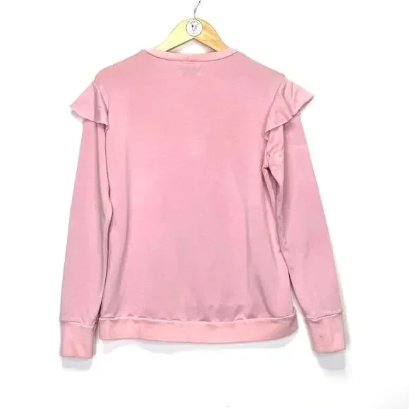 LAUREN MOSHI Peace Love Happiness Lips Graphic Sweatshirt Womens S Pink Ruffles - Picture 4 of 8
